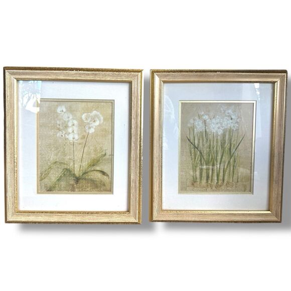 Framed Botanical Wall Art Prints Set of 2 Gold Wood Frame Neutral Floral Vintage - Picture 2 of 15
